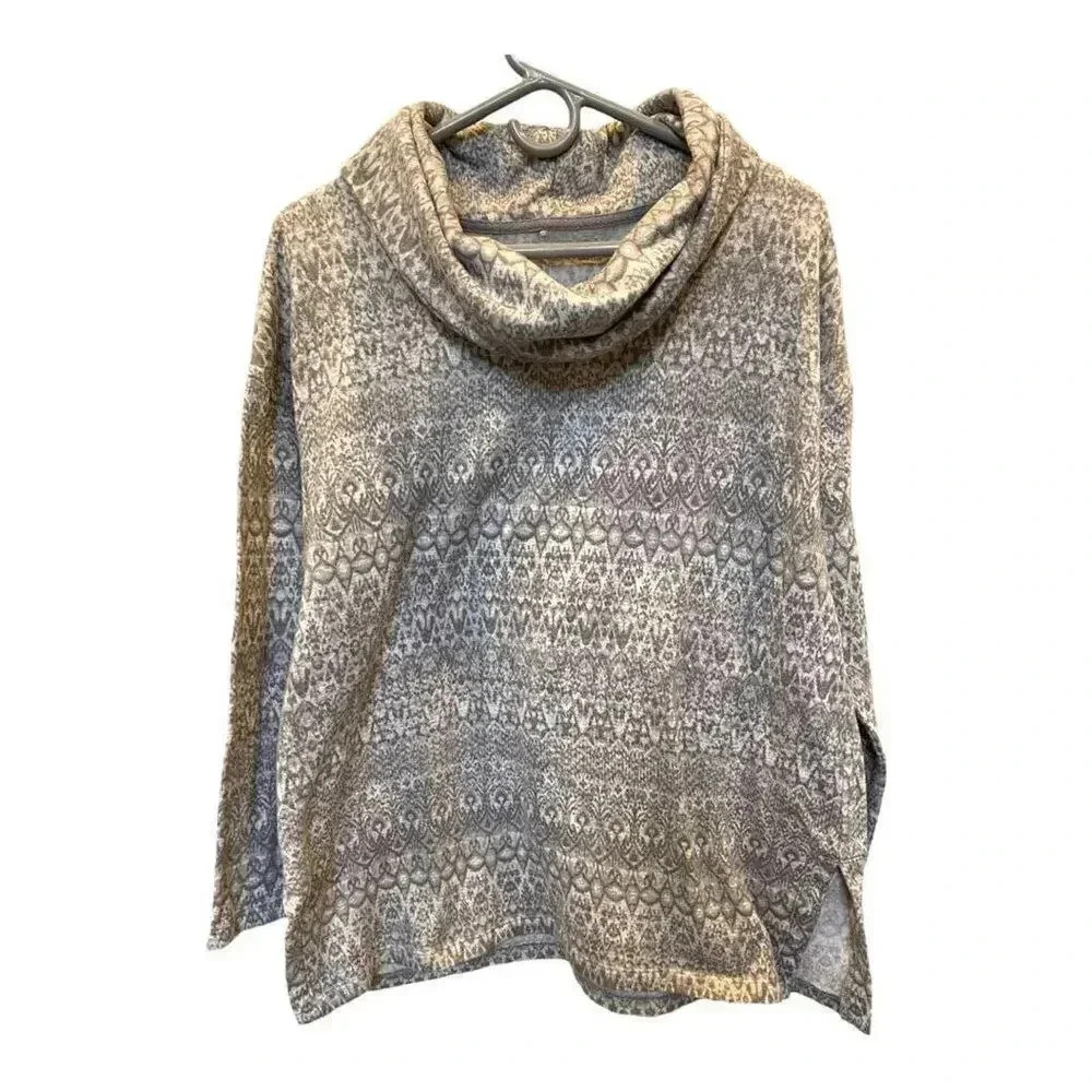 St. John’s Bay Active Womens Tunic Sweater Top Size‎ Large Gray White Print Cowl